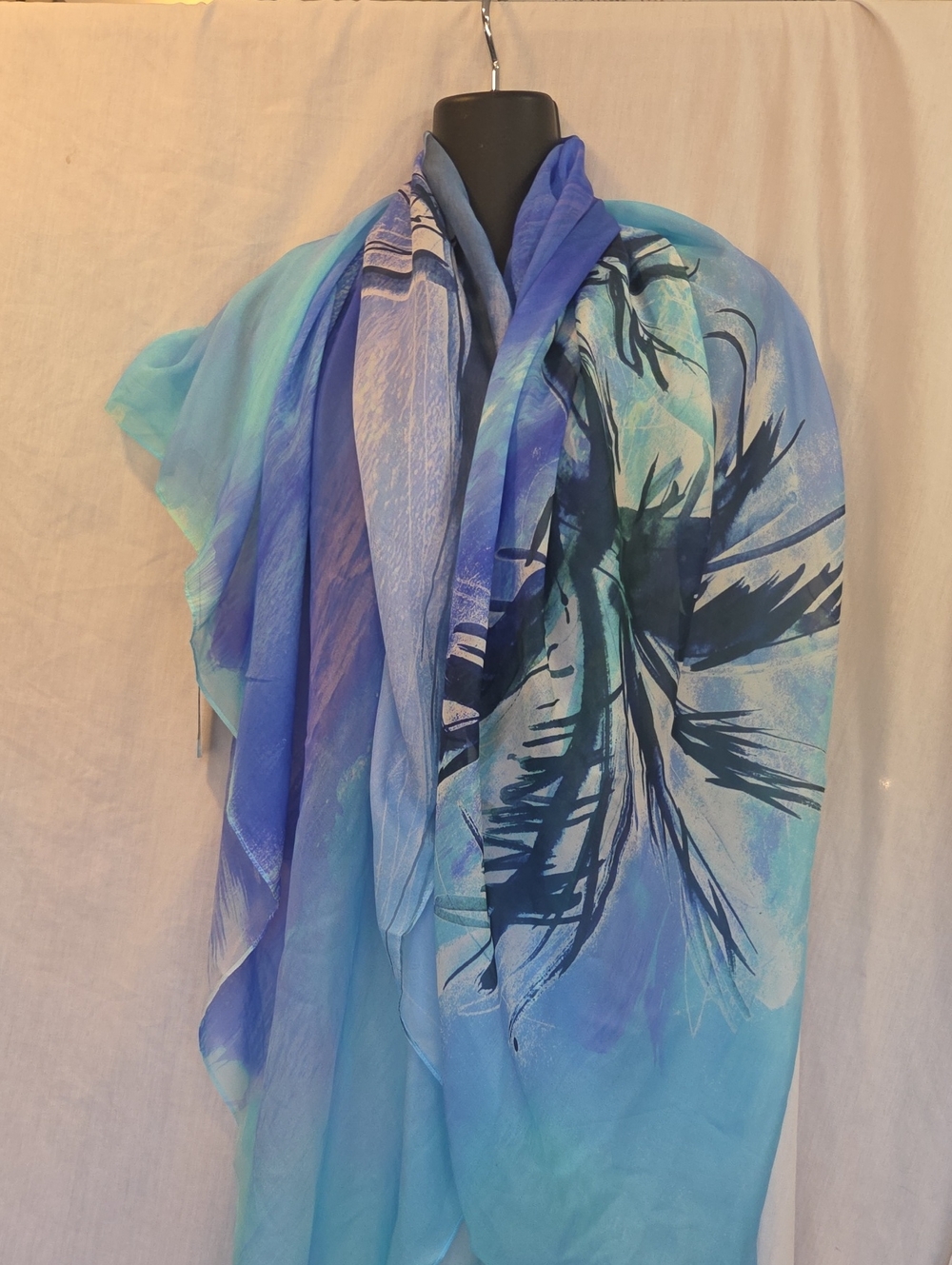 100% Silk Large Blue Floral Print Lightweight Scarf Wrap